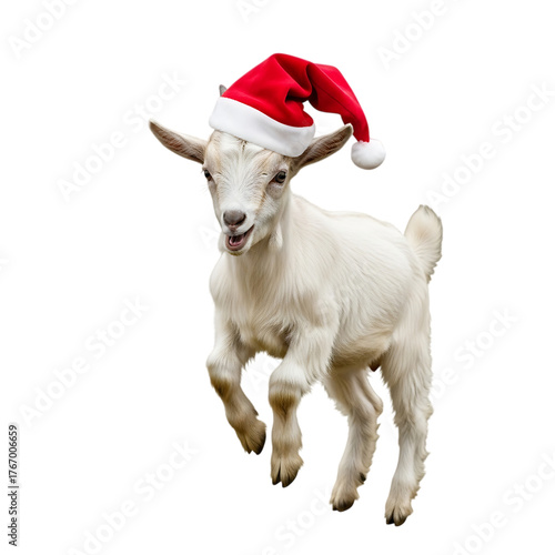 Playful young goat jumping while wearing a red Santa hat on transparent background for energetic holiday designs