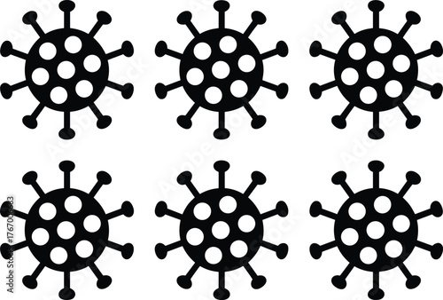 Virus symbol pattern, microbiology icon, black disease structure, medical infection illustration, pandemic coronavirus shape, healthcare background design