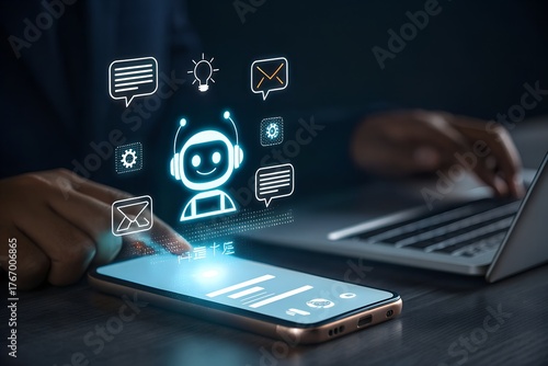 Businessman using mobile phone with virtual chatbot icon. AI technology, virtual assistant, customer service automation and digital communication innovation concept.