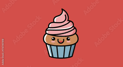 A cartoon cupcake with pink frosting and a smiling face sits against a red background