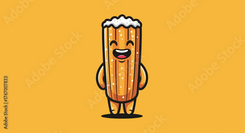 A smiling, animated, churro-like character with white "powdered" top on an orange background