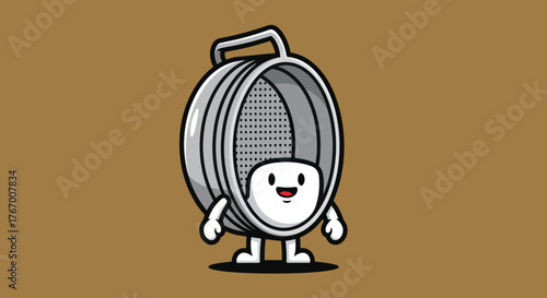 A cartoon character of a sieve with a smiling face, arms, and legs. On a brown background