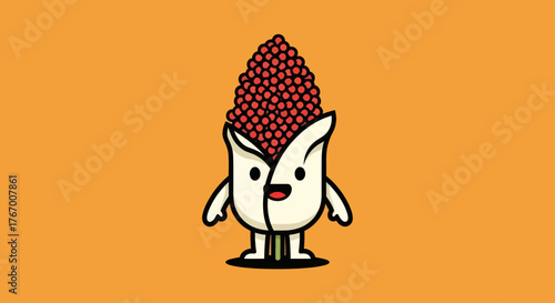 A friendly corn character, with a red kernel crown, smiling on a warm orange background