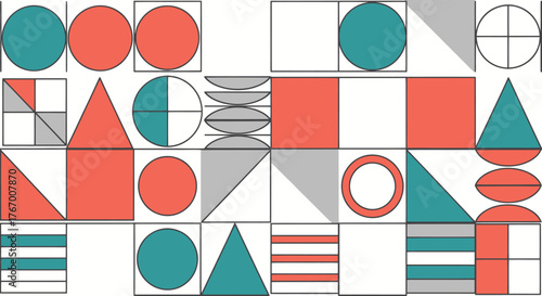 Geometric abstract composition with colorful shapes like circles, triangles, and squares