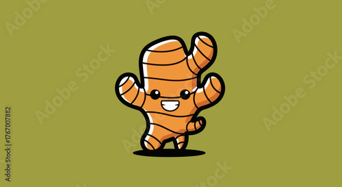 Animated ginger root character with arms and legs, smiling on a green background