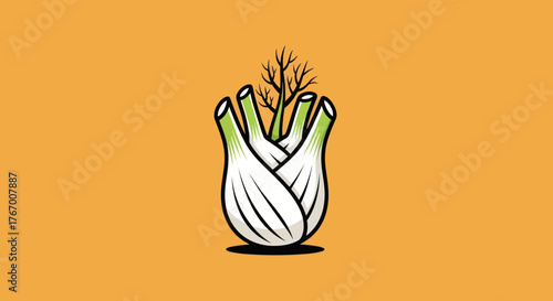 A stylized fennel bulb illustration with detailed leaves and a warm orange background