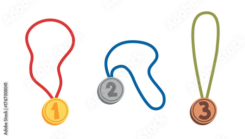 Set of gold, silver and bronze medals on ribbons. Reward for sports competition winners. Trendy modern vector illustration isolated on white background, hand drawn, flat design
