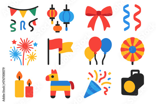 Festival Icon Set. Flat vector icons of Festival Decorations: bunting, lanterns, ribbons, streamers, fireworks, flags, balloons,