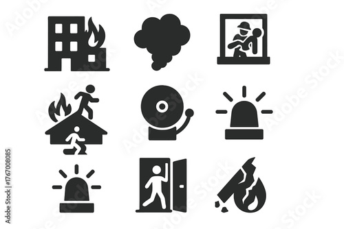 Fire Emergency Icons. Solid style icons of Fire emergency scenes: burning building, smoke cloud, window rescue, rooftop escape,