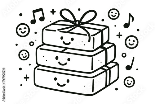Joyful Soap Display. Playful doodle vector composition of cured soap bars stacked neatly with happy faces, wrapped in ribbons and