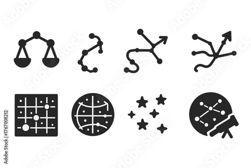 Zodiac Constellation Icons. Solid style icons of Zodiac Constellations: Libra constellation, Scorpio constellation, Sagittarius