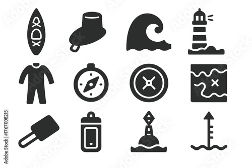 Sea Kayaking Essentials. Solid style icons of Sea Kayaking: touring kayak, spray skirt, ocean wave, lighthouse, drysuit, compass,