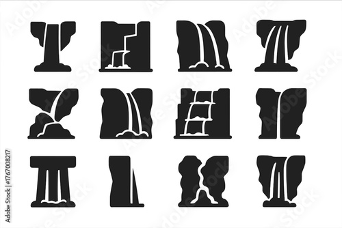 Waterfall Types Icons. Solid style icons of Waterfall types: plunge waterfall, tiered cascade, horsetail fall, fan-shaped fall,