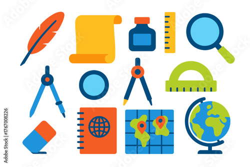 Cartographer Icon Set. Flat vector icons of Cartographer Workspace: quill, parchment, ink bottle, ruler, compass, magnifying glass
