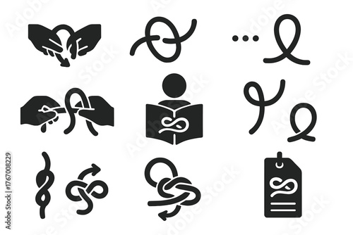 Knot Tying Icons. Solid style icons of Knot Tying Process: hands tying, over-under motion, loop creation, pull tight, training