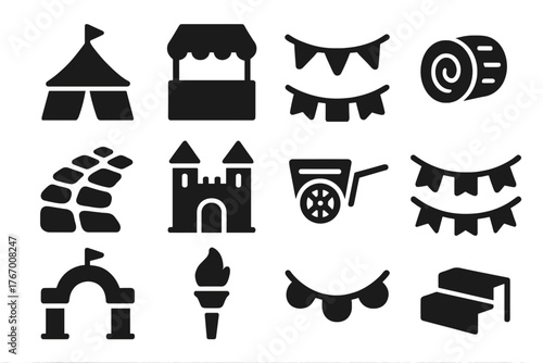 Fairgrounds Icon Collection. Solid style icons of Fairgrounds and Decor: fair tent, merchant booth, pennant banner, hay bale,