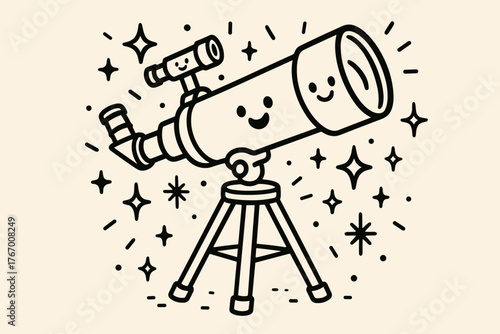 Smiling Telescope Doodles. Joyful doodle vector artwork of a telescope setup with lens, tripod, eyepiece, and finderscope all