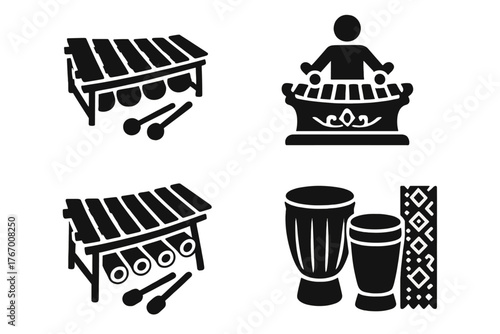 Global Xylophone Collection. Solid style icons of Global and cultural xylophones: balafon, gamelan bars, wooden keys with gourd