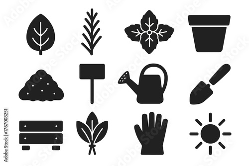 Herb Garden Icons. Solid style icons of Herb Garden: basil leaf, rosemary sprig, mint cluster, clay pot, soil mound, herb marker,
