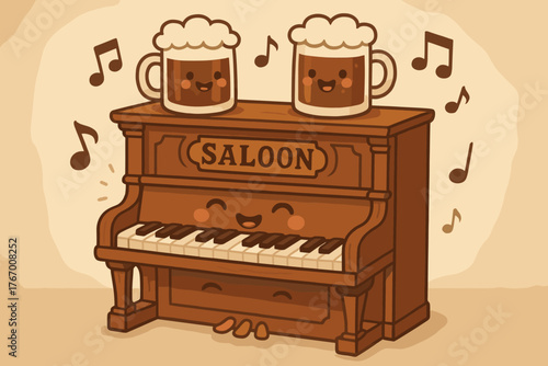 Cheerful Saloon Melody. Adorable saloon piano playing itself with happy notes, mugs of root beer smiling on top