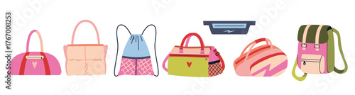 Set of sport, gym and travel bags in various shapes and colors. Fitness and active lifestyle concept. Trendy modern vector illustration isolated on white, hand drawn, flat design