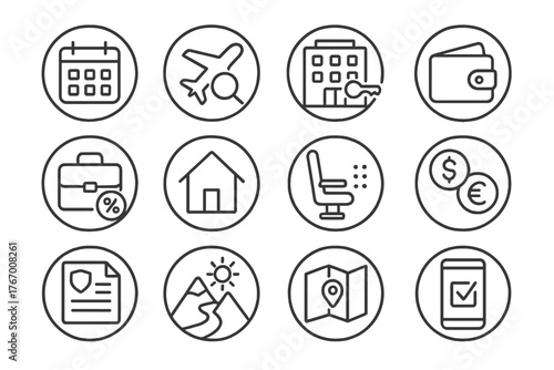 Travel Planning Icons. Line style round icons of travel booking and planning: calendar icon, flight search, hotel reservation,