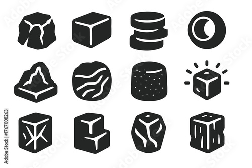 Ice Art Icons. Solid style icons of Ice Art Techniques: rough cut, smooth polish, layered carving, hollowed design, relief carving
