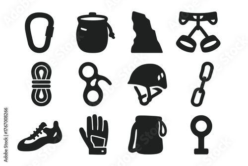 Rock Climbing Essentials Icons. Solid style icons of Rock climbing essentials: carabiner, chalk bag, cliff face, harness, climbing