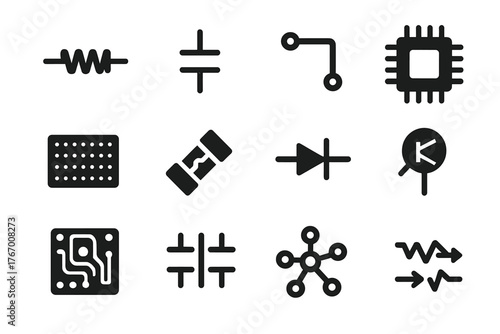 Circuit Component Icons. Solid style icons of Circuit Components: resistor, capacitor, circuit path, microchip, breadboard, fuse,