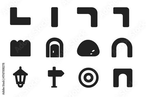 Maze Element Icons. Solid style icons of Maze Elements: Wall, Path, Dead End, Turn, Hedge, Gate, Stone, Arch, Lantern, Sign,
