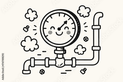 Friendly Pressure Gauge. Charming doodle vector composition of a friendly pressure gauge with a happy dial, surrounded by pipes,