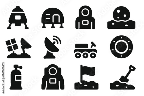 Moon Base Icons. Solid style icons of Moon Base: lunar lander, habitat module, astronaut, crater surface, solar panels,