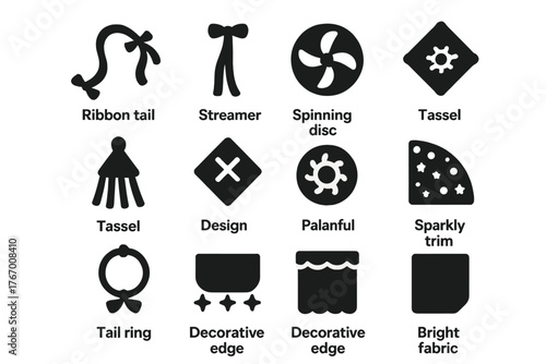 Kite Accessory Icons. Solid style icons of Kite decorations and accessories: ribbon tail, streamer, spinning disc, tassel end,