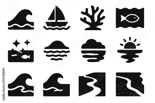 Ocean Icon Collection. Solid style icons of Ocean View: turquoise wave, boat on water, reef outline, fish below surface,