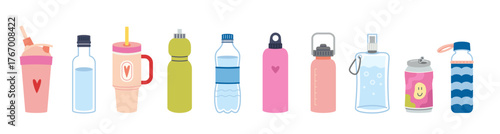 Set of reusable sport water bottles and flasks in different shapes and colors. Hydration and eco lifestyle concept. Trendy modern vector illustration isolated on white, hand drawn, flat design
