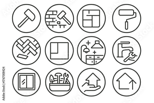 Renovation Icon Set. Line style round icons of renovation & remodeling: sledgehammer, wall removal, room layout, paint roller;