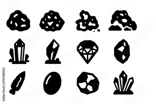 Mineral Treasure Icons. Solid style icons of mineral treasures: Gold nugget, silver ore, copper chunk, iron deposit, emerald