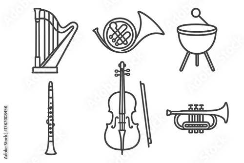 Symphony Instrument Icons. Line style icons of symphony instruments: harp, French horn, timpani, clarinet, cello, trumpet. No text
