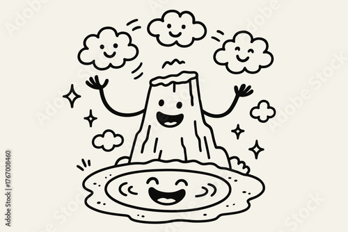 Cliff's Comical Juggle. Funny doodle vector composition of a cliff juggling mist clouds while a smiling pool laughs below with