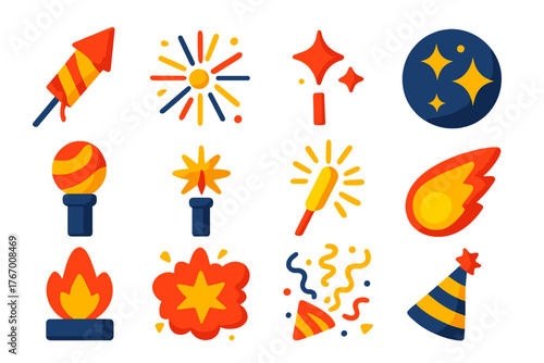Celebration Pyrotechnics Icons. Flat vector icons of Celebration Pyrotechnics: rocket, burst, sparkle, night sky, aerial shell,