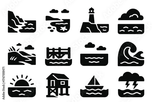 Coastal Scenery Icons. Solid style icons of Coastal Scenery: rocky coast, sandy beach, tide pool, lighthouse cliff, grassy dune,