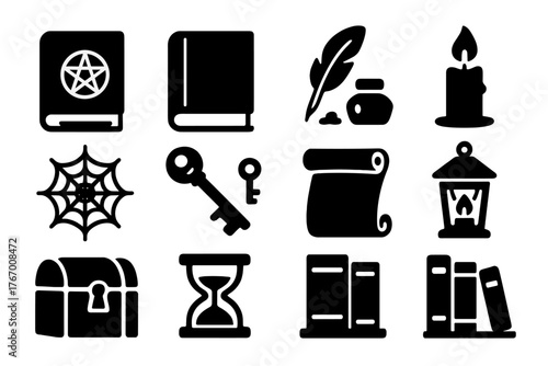 Magical Tome Icons. Solid style icons of Magical Tomes: Spellbook, Ancient Tome, Quill, Fading Ink, Candle, Cobweb, Key, Scroll,