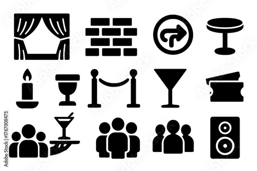 Club Stage Icons. Solid style icons of Club stage and ambiance: curtain backdrop, wood floor, brick wall, neon sign, round table,
