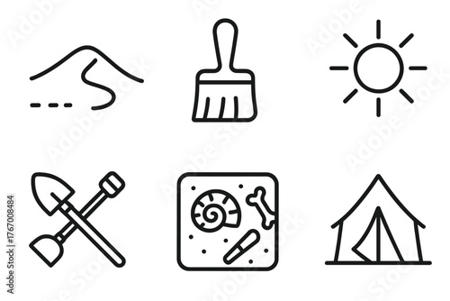 Desert Excavation Icons. Line style icons of desert excavation: sand dune, brush, dig tools, fossil site, tent, sun. No text, No