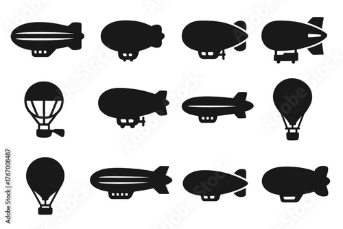 Historic Airships Icons. Solid style icons of Historic airships: classic zeppelin, passenger blimp, military airship, cargo