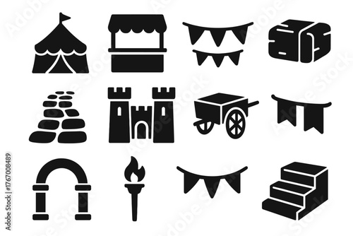 Fairgrounds Icon Collection. Solid style icons of Fairgrounds and Decor: fair tent, merchant booth, pennant banner, hay bale,