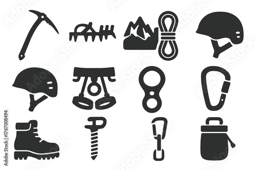 Ice Climbing Gear Icons. Solid style icons of Ice climbing gear: ice axe, crampons, glacier, rope, helmet, harness, belay device,