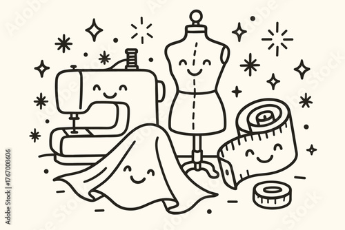 Whimsical Tailoring Studio. Joyful doodle vector artwork of a tailoring studio scene with a sewing machine, mannequin, fabric, and