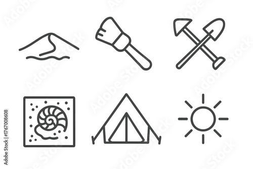 Desert Excavation Icons. Line style icons of desert excavation: sand dune, brush, dig tools, fossil site, tent, sun. No text, No