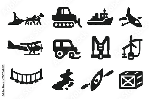 Arctic Transport Icons. Solid style icons of Arctic transportation: dog sled, snowcat, icebreaker ship, ski plane, tracked vehicle